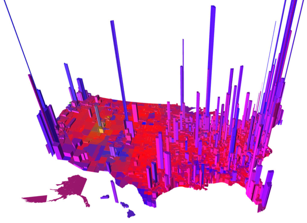 The height of each tower is proportional to the "voter density" so that the volume of each "tower" is proportional to the number of votes. 